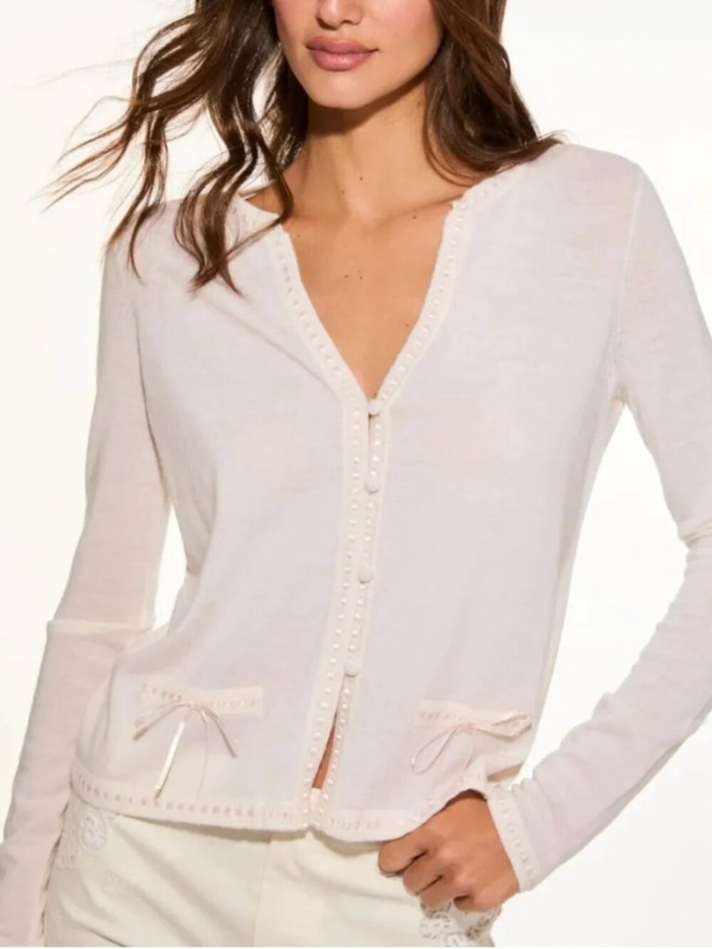 LoveShackFancy Nessa Ribbon Cardigan Set Small White/Pink Wool
